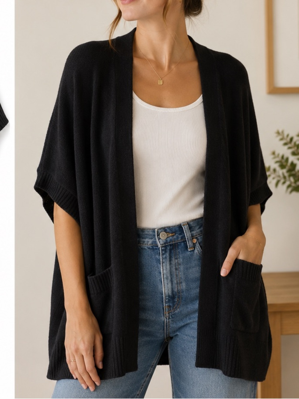 Halogen 100% Cashmere Open Front Cardigan Sweater Black One Size Pockets